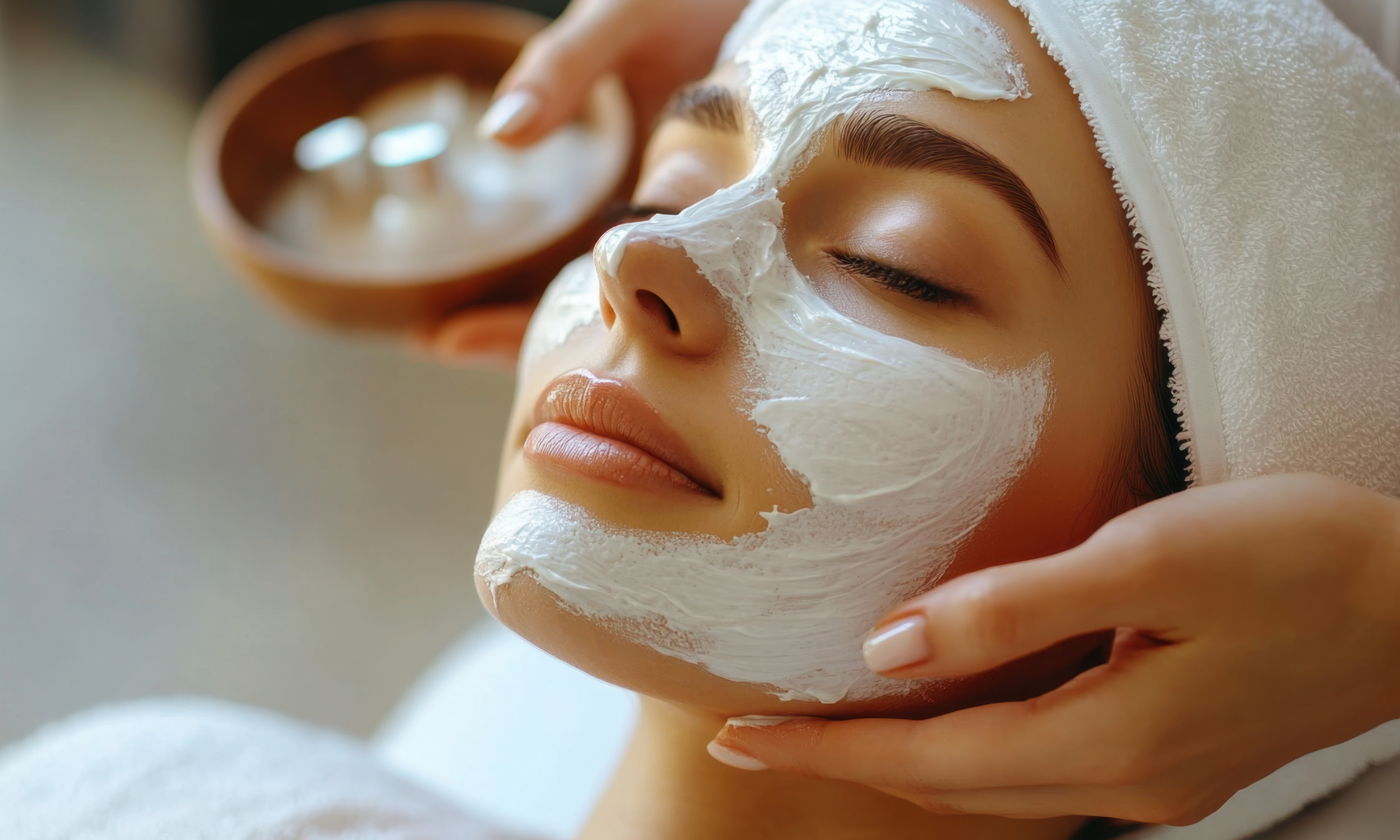 A model receiving a non-invasive aesthetic treatment in a luxurious, modern clinic setting