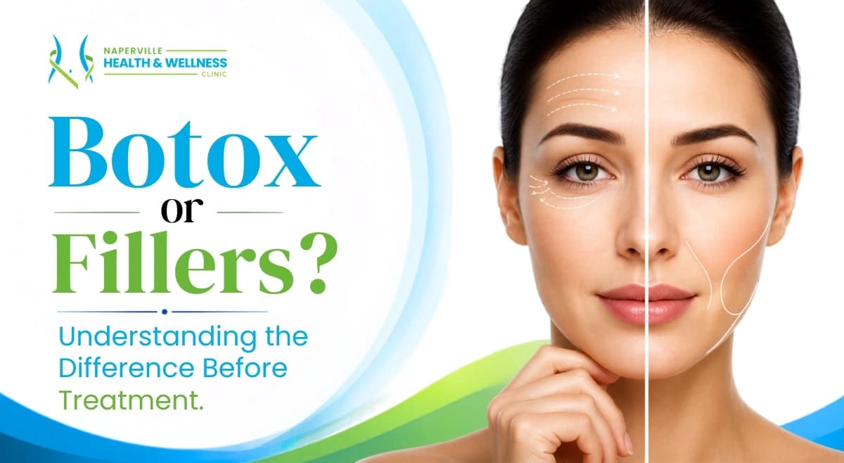 Alt text: Botox or Fillers? Split-face graphic of a woman with treatment area markings, illustrating the difference between Botox and dermal fillers Naperville Health & Wellness Clinic.