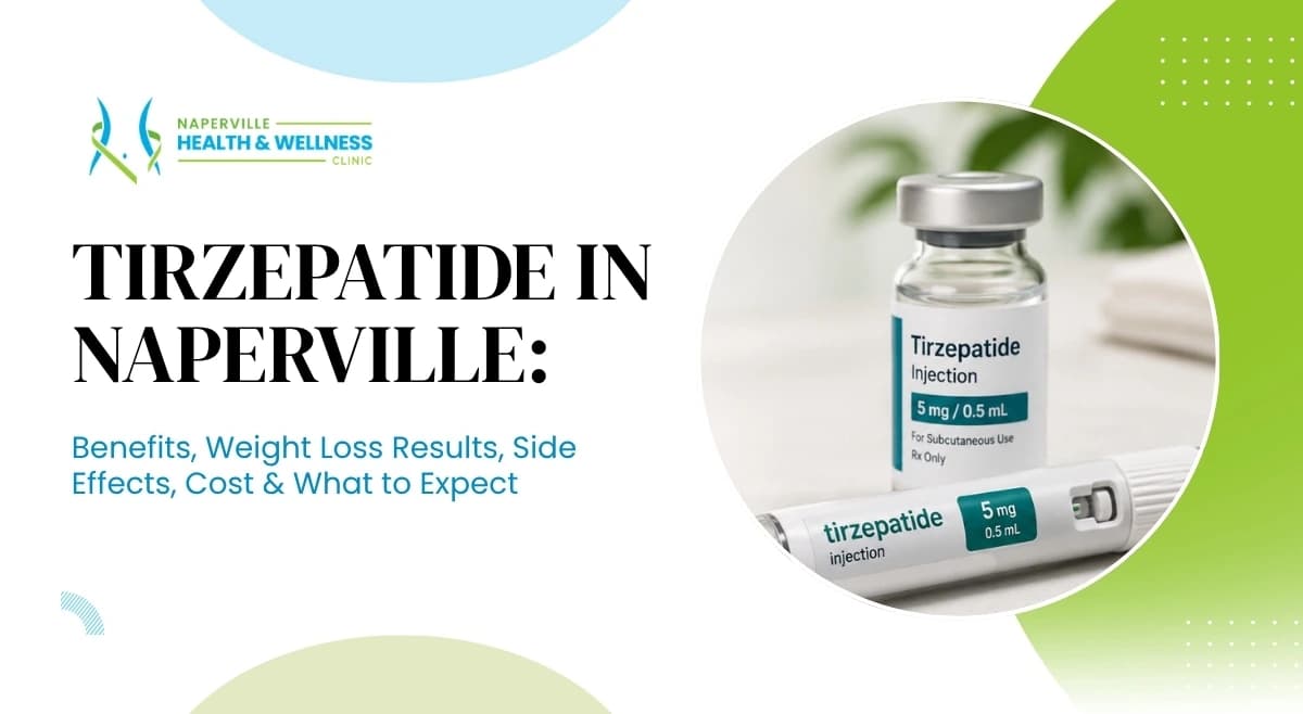 Tirzepatide injection vial and pen with Naperville Health & Wellness Clinic logo blog header for "Tirzepatide in Naperville: The Complete Guide to Dual GIP/GLP-1 Weight Loss"