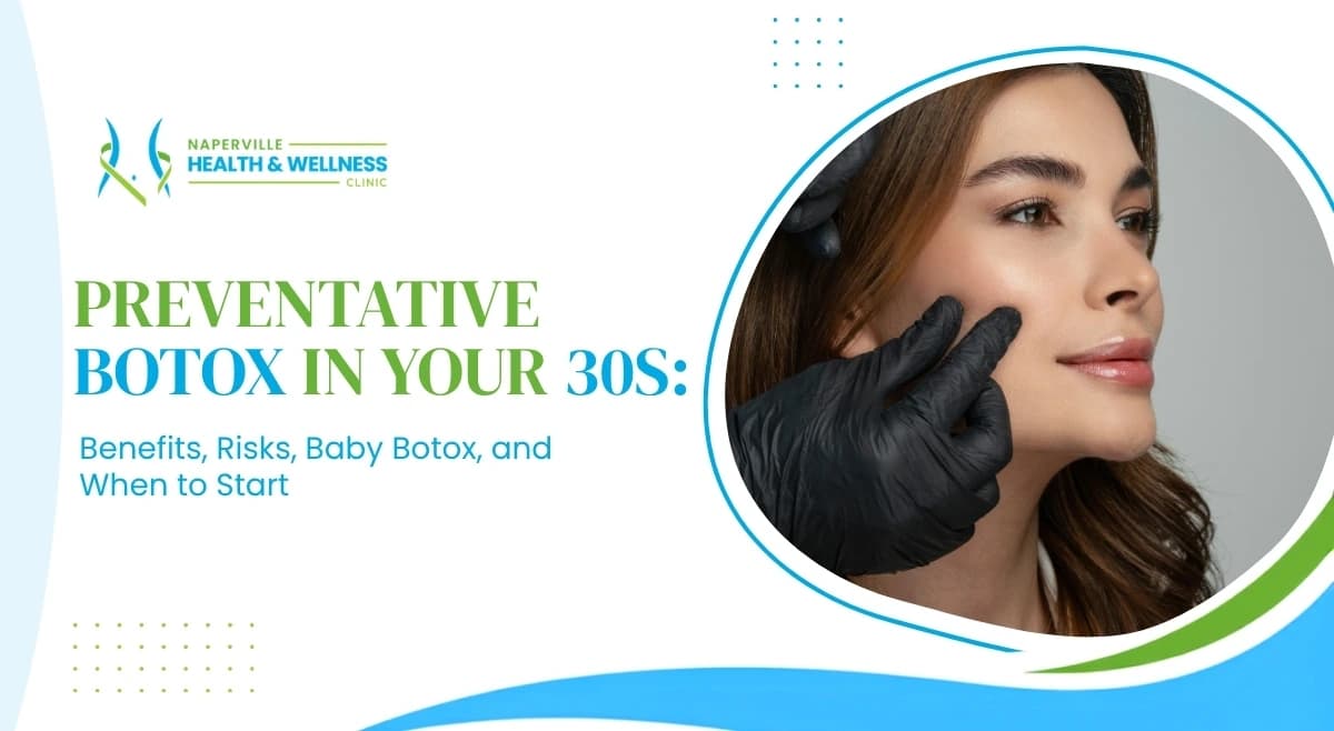 Preventative Botox in Your 30s blog banner from Naperville Health & Wellness Clinic, with gloved hands assessing a woman's face