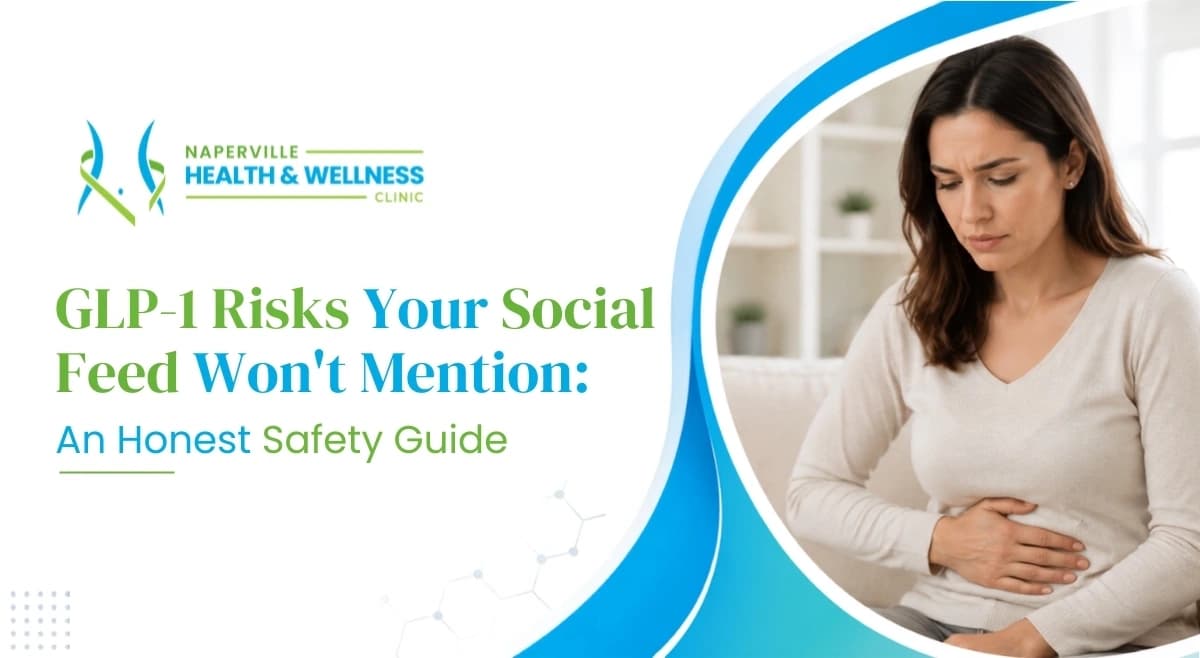 Woman holding her stomach in discomfort, on a Naperville Health & Wellness Clinic banner about GLP-1 and semaglutide risks