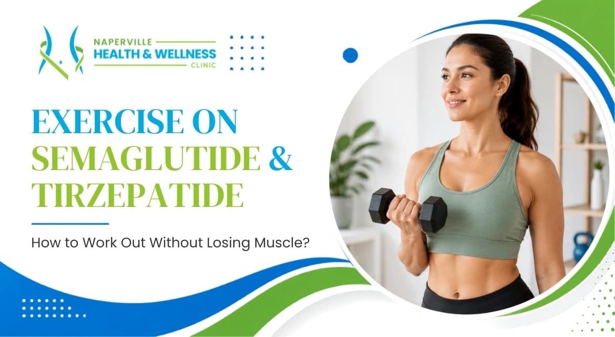 Smiling woman in athletic wear doing a dumbbell bicep curl on a Naperville Health & Wellness Clinic graphic titled "Exercise on Semaglutide & Tirzepatide: How to Work Out Without Losing Muscle."