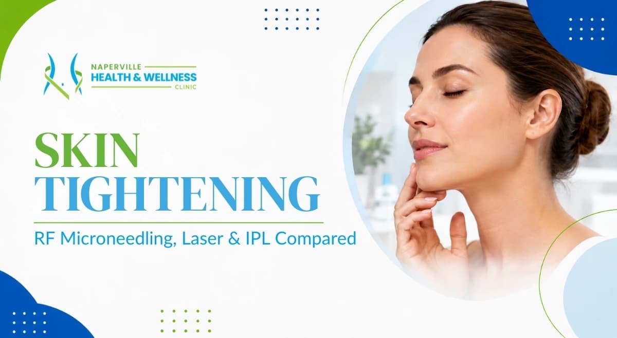Woman touching her jawline on a promotional graphic for Naperville Health & Wellness Clinic titled "Skin Tightening: RF Microneedling, Laser & IPL Compared."