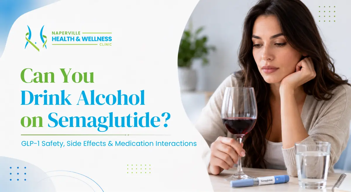 Woman holding a glass of red wine at a table beside a semaglutide injection pen and a glass of water
