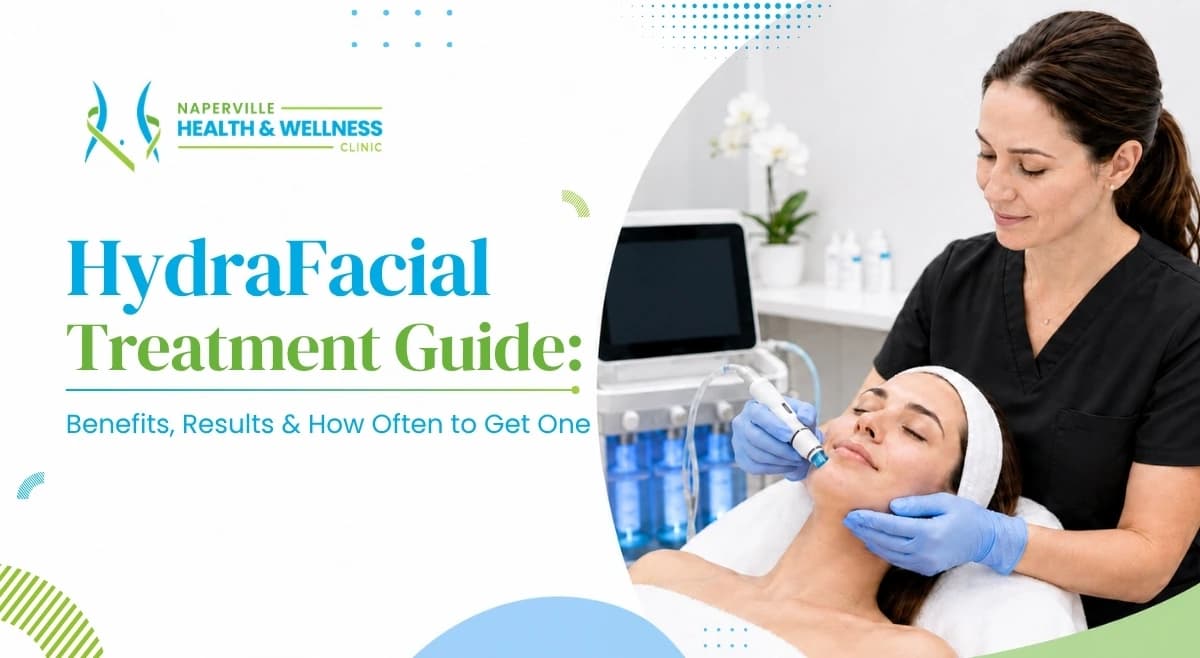 An aesthetician performing a HydraFacial treatment on a woman's face at Naperville Health & Wellness Clinic next to text reading "HydraFacial Treatment Guide: Benefits, Results & How Often to Get One.