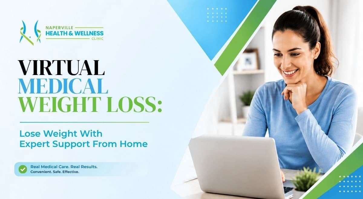 Smiling woman on a laptop during a virtual medical weight loss consultation with Naperville Health & Wellness Clinic