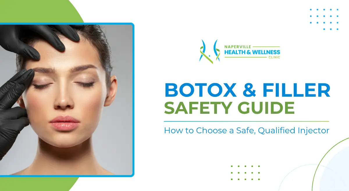 Gloved provider assessing a woman’s forehead before injections, next to a Naperville Health & Wellness Clinic Botox and filler safety guide graphic
