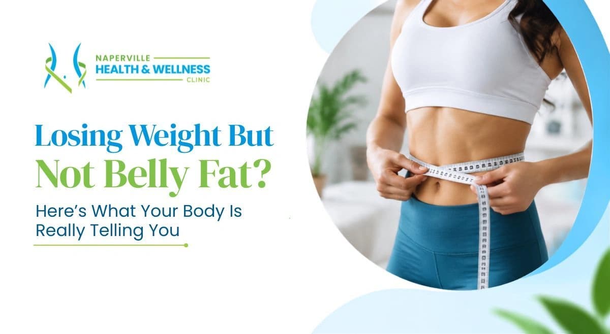 Woman measuring her waist with a tape measure next to the Naperville Health and Wellness Clinic logo and the headline Losing Weight But Not Belly Fat