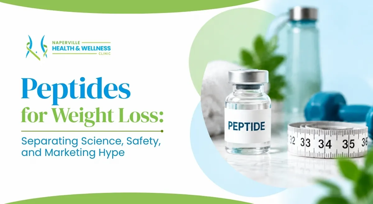 Peptides for Weight Loss graphic from Naperville Health & Wellness Clinic showing a peptide vial, measuring tape, and dumbbells