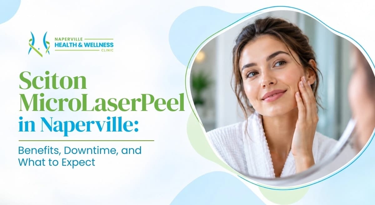 Woman in a white robe examining her skin in a mirror beside text reading Sciton MicroLaserPeel in Naperville