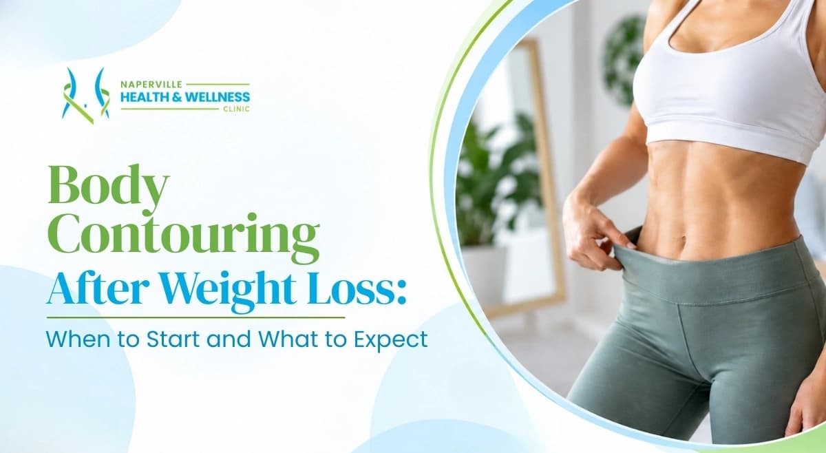 Woman with a toned stomach in a sports bra and leggings beside text reading Body Contouring After Weight Loss