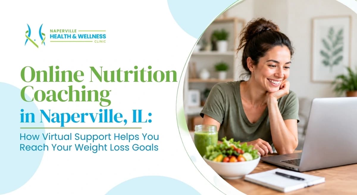 Smiling woman at a laptop with a fresh salad and green smoothie during an online nutrition coaching session in Naperville, IL