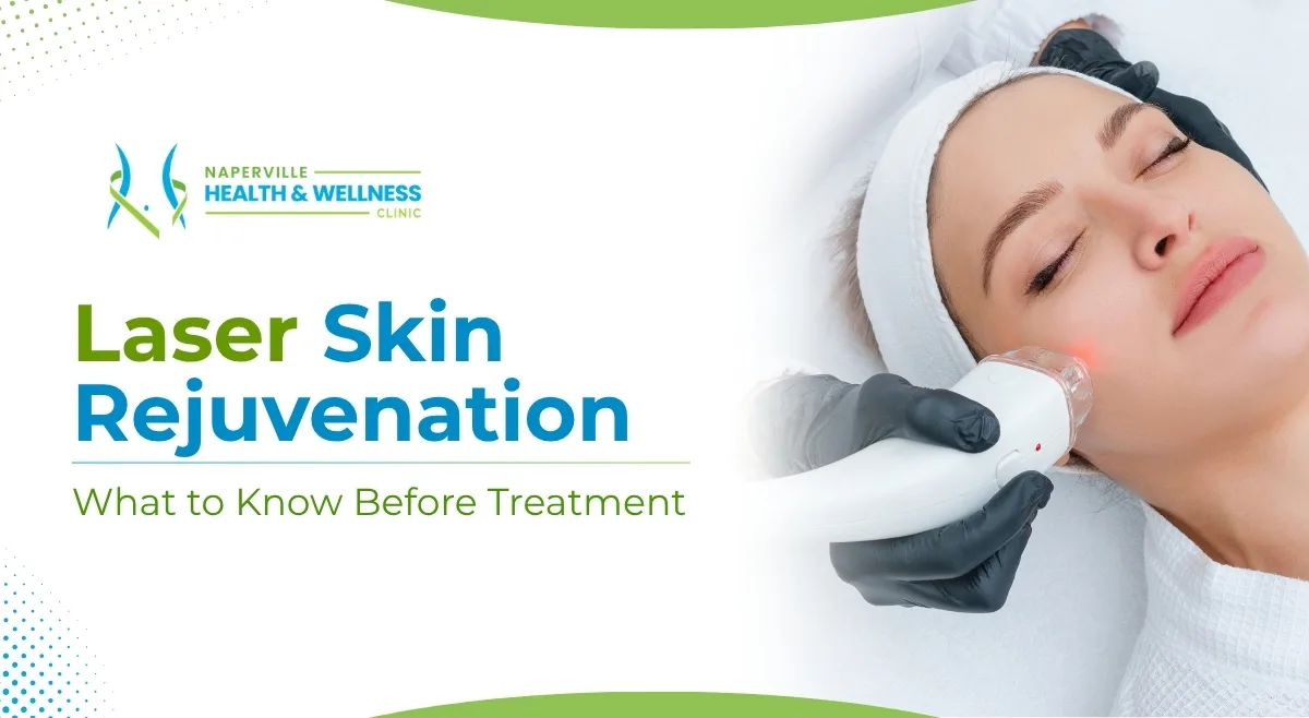 Provider in black gloves performing laser skin rejuvenation on a woman's cheek at Naperville Health & Wellness Clinic