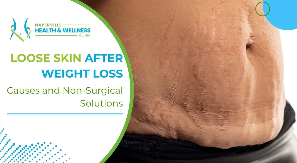 Woman examining her stomach in a mirror, with text about struggling to lose weight and insulin resistance from Naperville Health & Wellness.