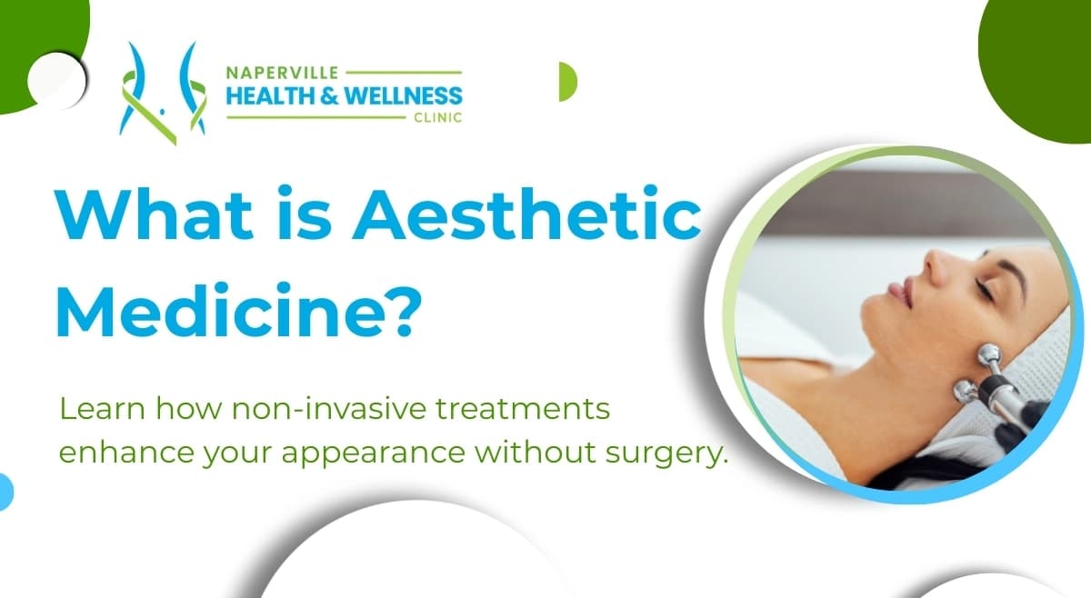 Naperville Health & Wellness Clinic logo, text "What is Aesthetic Medicine?" and a woman receiving a non-invasive facial treatment.