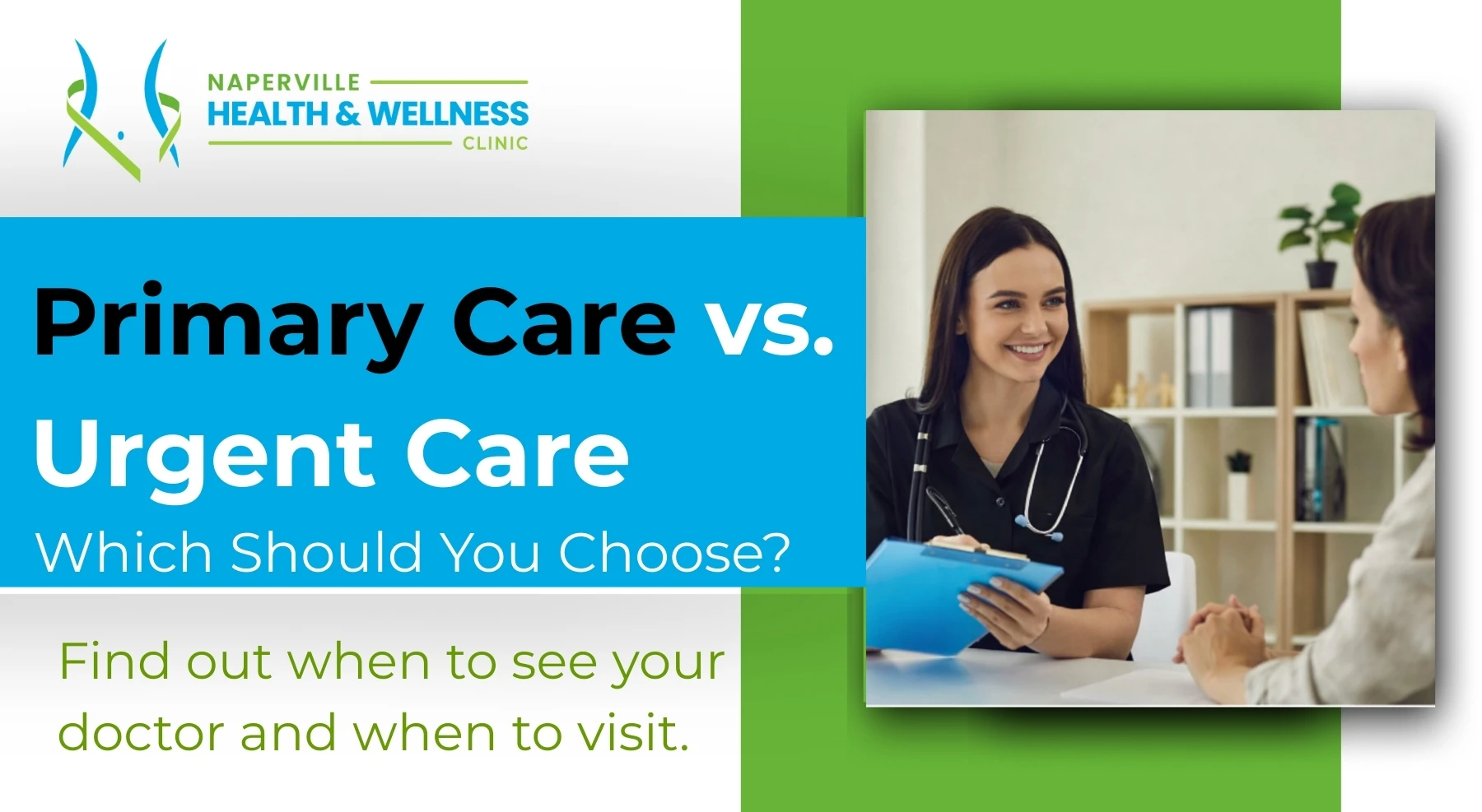 Infographic comparing primary care vs. urgent care with Naperville Health & Wellness Clinic logo and doctor consulting patient.