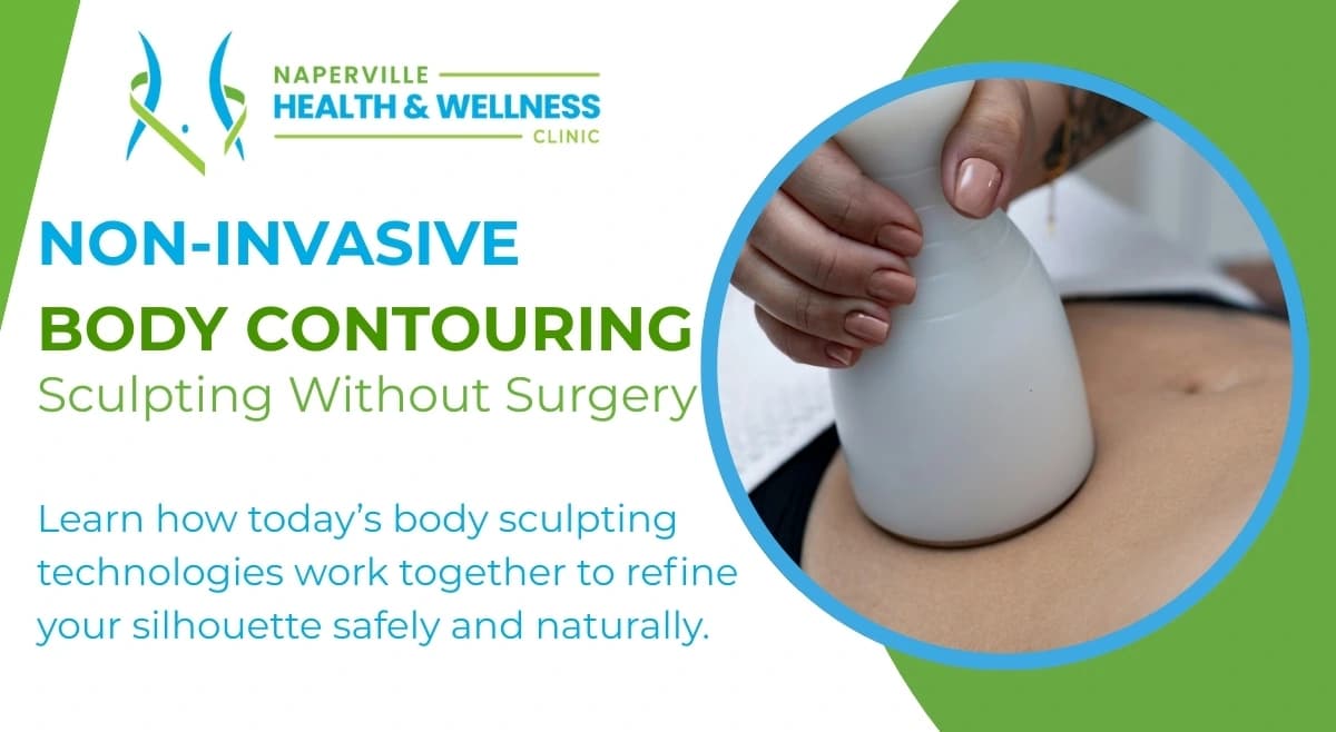 Naperville Health & Wellness Clinic logo, text 'Non-Invasive Body Contouring: Sculpting Without Surgery', and a person receiving treatment.