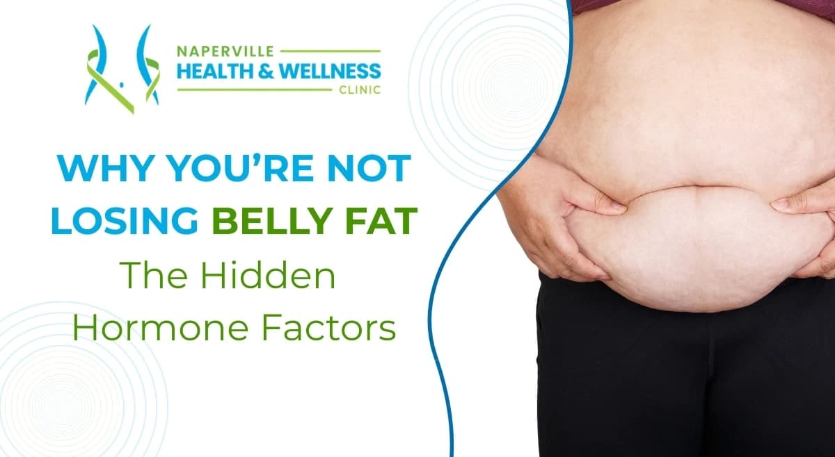 Graphic titled 'Why You're Not Losing Belly Fat: The Hidden Hormone Factors' with a person holding their abdomen.